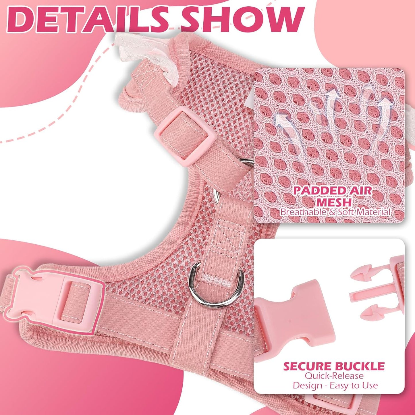No Pull Vest Harness with Leash for Walking, Adjustable Cute Dog Harness (Pink)